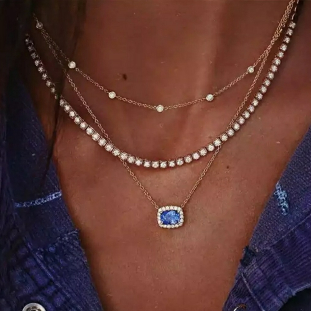 Gold Layered Necklace Set with Blue Gemstone Pendant